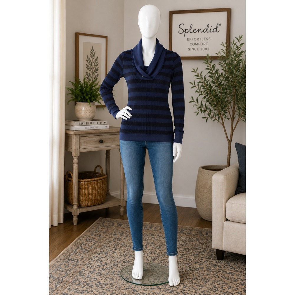 Splendid Womens Thermal Top Navy Striped Shawl‎ Collar Waffle Knit S
